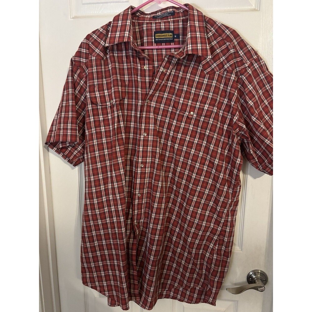 Rough Stock Panhandle Slim Western Shirt 18 Plaid Pearl Snap Short Sleeve Cotton